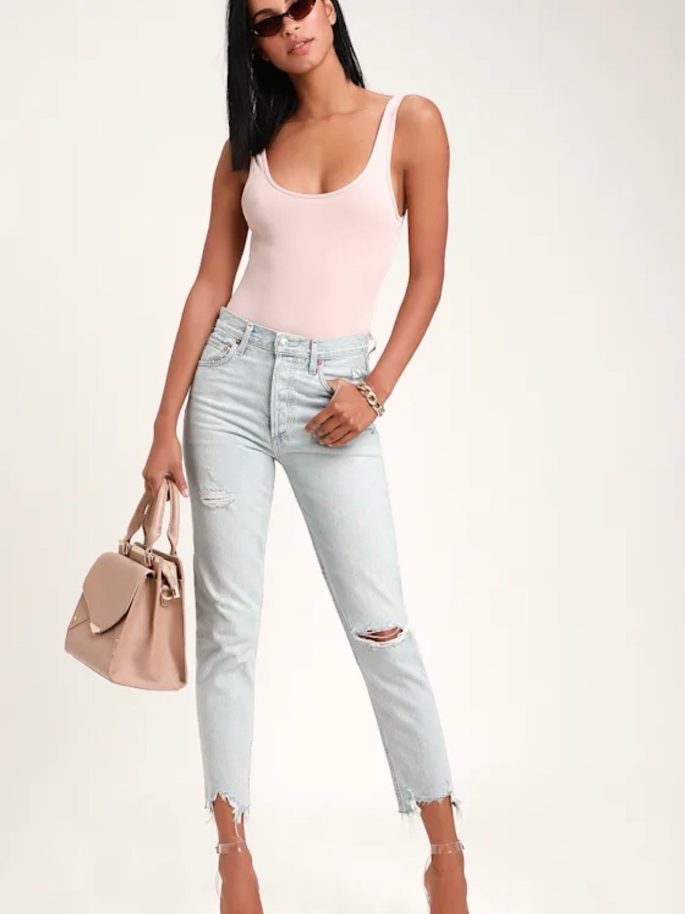 Agolde Light Wash Straight Leg Jeans with Distressed Knees